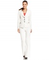 Nine West's petite pant suit is made striking with contrasting button closures and a subtle stripe pattern on its bright white fabric. Make it really pop by layering a colored cami underneath.
