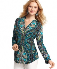 A bold print enhances this petite shirt from Style&co. Perfect for pairing with white shorts and capris!