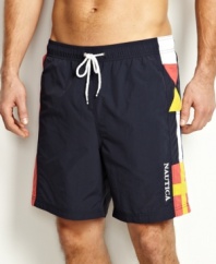 Capture the flag! Get into the fun of playing in the sun with these flag swim trunks from Nautica.