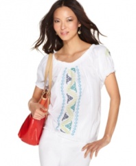 Colorful embroidery updates Style&co.'s essential petite peasant top. Try it with jeans, capris and shorts for an effortlessly chic summer look!