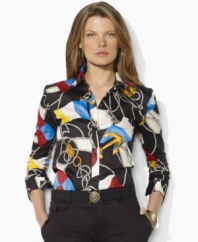 Awash in a vibrant nautical flag print, Lauren by Ralph Lauren's petite tailored shirt is crafted from silky cotton broadcloth with three-quarter sleeves for breezy style.