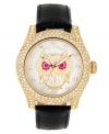 A wise choice for adding a touch of glitz to your everyday look. Watch by Betsey Johnson crafted of black leather strap and round polished gold tone stainless steel case covered in crystal accents. White mother-of-pearl dial features crystal accent markers, large gold tone owl with pink eyes and crystal accents, gold tone hour and minute hands, signature fuchsia second hand and logo. Quartz movement. Water resistant to 30 meters. Two-year limited warranty. Available exclusively at Macy's.