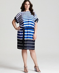 With a belted silhouette and sharp nautical striping, this DKNYC dress makes a memorable impression from ship to shore.