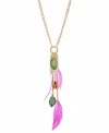Stand out from the flock. Betsey Johnson puts hot pink feathers and bold colors to good use in this standout style. Y-shaped pendant features leaf and ladybug charms set in gold-plated mixed metal. Approximate length: 24 inches + 3-inch extender. Approximate drop: 6-1/4 inches.