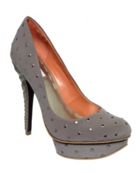 Unmistakeably unique. Covered in heart-shaped studs and towering on a sculpted wooden heel, the Keedan2 platform pumps by RACHEL Rachel Roy are ready to help you make your mark.