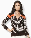 An earthy palette with a modern mix of stripes lends relaxed elegance to the Krystoff cardigan, rendered in stretch ribbed-knit cotton with a buttoned placket for cozy comfort.