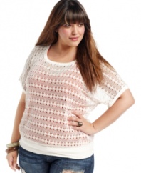 A sheer delight: ING's short sleeve plus size top, cinched by a banded hem-- pair it with fave jeans!