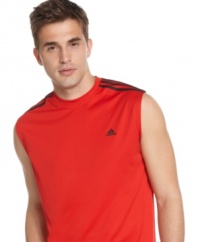 Hit the gym with the cool confidence of this Climalite sleeveless tee from adidas designed with moisture wicking technology to keep you dry so you can stay in the zone.
