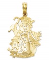 Fashionable and frosty, this intricate cut-out charm features a snowman and a bird wearing a top hat. Crafted in 14k gold. Chain not included. Approximate length: 1 inch. Approximate width: 3/5 inch.