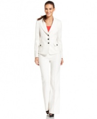 Nine West's petite pant suit is made striking with contrasting button closures and a subtle stripe pattern on its bright white fabric. Make it really pop by layering a colored cami underneath.