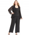 Patra's plus size beaded top and chic chiffon jacket and pants are effortlessly elegant for evening. Pair with strappy heels to accentuate the silhouette.