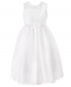 Flowers along the waist and fine satin trim give this white flower girl dress from Jayne Copeland a soft look that will make her glow.