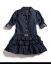 GUESS Kids Girls Shirtwaist Dress with Adjustable Sleeves, DARK STONEWASH (14)