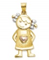 This sweet little girl will brighten your day. Crafted in 14k gold, 14k rose gold and sterling silver, this cute design features a girl with pigtails, ribbons, and overalls accented by a heart. Chain not included. Approximate length: 1-1/5 inches. Approximate width: 1/2 inch.