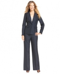 A subtle plaid pattern gives Nine West's suit a sophisticated, classic appearance. Exquisite tailoring pairs with crisp details to create a sharp look for the office.