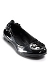 Patent leather upper, rubber sole. Black patent leather signature Tory Burch medallion. Elasticized back.