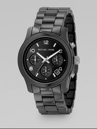 Black polished ceramic chronograph with black glossy dial. Water-resistant to 5 ATM Round case, 38mm, 1.5 Three sub dials Number and stick markers Date display Second hand Single deployant buckle Imported