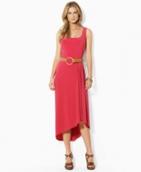 Infused with romantic movement, Lauren by Ralph Lauren's sleek petite tank dress is crafted with subtle pleating at the waist that creates a fluid draped hemline.