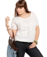 Score super-cute boho style with American Rag's short sleeve plus size peasant top, finished by a textured pattern.