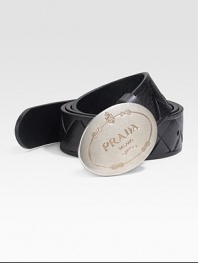 Embossed leather is crafted in Italy with a silver logo buckle. About 1 wide Made in Italy