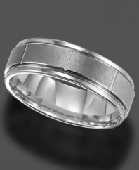 Finish with a bang. This handsome ring is crafted in tungsten. 7 mm band. Sizes 8-15.