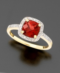 This Valentine's Day, say it just a bit differently. Express your love with a unique find created with an exquisite cushion-cut garnet (1-1/4 ct. t.w.) surrounded with a studding array of round-cut diamonds (1/6 ct. t.w.), all gleaming in 14k yellow gold.