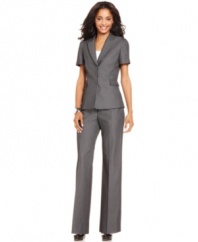 A classic pinstriped pant suit gets revamped for the season. Tahari by ASL's petite version is ready for warm-weather workdays with a short-sleeve silhouette and sharp look.