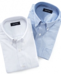 Crafted in super comfortable oxford cotton, this soft Nautica shirt makes a great uniform choice for him when it's time to dress up.
