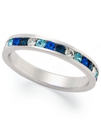 Traditions beautiful stacking ring is perfect when paired with other slim rings, but makes a pretty sparkling statement all its own. Crafted in sterling silver, a thin band features a round-cut gradation of dark blue, light blue and clear crystals with Swarovski elements. Size 5-10.