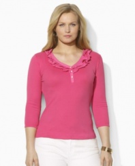 Airy jersey ruffles and a chic V-neckline lend flirty appeal to this soft plus size cotton top, from Lauren by Ralph Lauren.