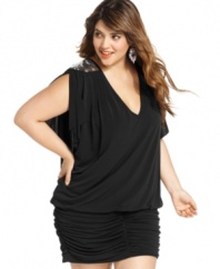 Dance the night away in Trixxi's short sleeve plus size dress, featuring sequined shoulders!