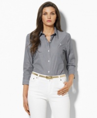 A sleek striped pattern lends graphic elegance to the Lauren by Ralph Lauren Priya shirt, tailored with chic three-quarter sleeves in crisp cotton broadcloth for classic style.