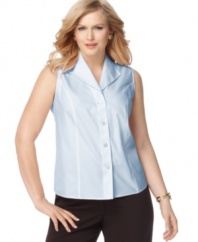 Getting ready just got easier with Jones New York Collection's sleeveless plus size shirt, which does not require ironing-- dress it up with trousers or down with denim!