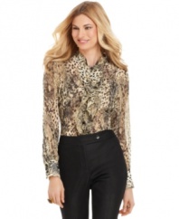 Stay put together with this petite Jones New York blouse, featuring an allover animal print on semi-sheer fabric. Pair it with a cami and slim pants for everyday chic!