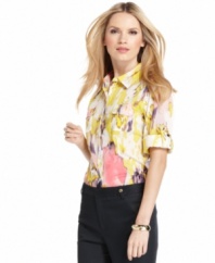 Calvin Klein's feminine petite shirt features a stylish print in spring-inspired colors and roll tabs at the sleeves so you'll stay perfectly cuffed.