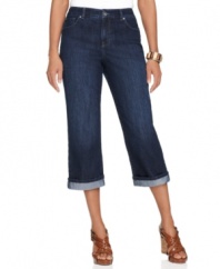 Style&co.'s cuffed petite capri jeans are just the thing to jump-start your spring look. The tummy control panel gives you a sleek, smooth silhouette, too!