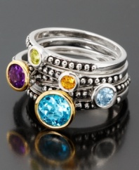 A stunning set of five stackable rings will add a kaleidoscope of color to your everyday look. Set in 14k gold & sterling silver and featuring round-cut amethyst (1/2 ct. t.w.), round-cut aquamarine (1/4 ct. t.w.), round-cut citrine (1/10 ct. t.w.), round-cut peridot (1/8 ct. t.w.) and round-cut blue topaz (1-5/8 ct. t.w.). Size 7.