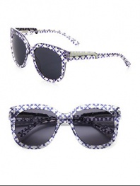 Following the brand's green initiatives, this sustainable design uses raw materials that stem from natural origins, yet retains its chic style with a print to match the Summer 2012 collection. Available in purple marquis diamond with grey lens. Metal logo temples100% UV protectionImported