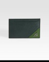 Handsome saffiano leather with metal triangle logo accent. Three card slots Nylon lining 4W X 2¾H Made in Italy 