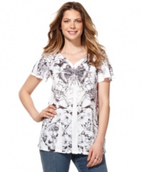 Style&co.'s petite top combines all your favorite elements, designed with a buttoned henley-style front placket, flutter sleeves, studding and a subliminated butterfly print! (Clearance)