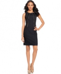 Decorative zippers at the front and an exposed zipper at the back add edge to Calvin Klein's petite sheath dress.