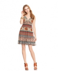 Go for a bohemian feel in this flowy petite Spense dress with detailed prints, sweet ruffling and a flattering surplice neckline. (Clearance)