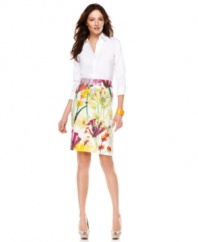 A watercolor floral print adds a bold splash of summer style on this otherwise classic petite Calvin Klein pencil skirt!