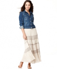 A cute, crinkle-texture maxi skirt goes boho-glam with the addition of crocheted lace stripes -- from Style&co.