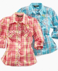 Brighten up. Add some color to her wardrobe with this classic plaid shirt from Rocawear. (Clearance)