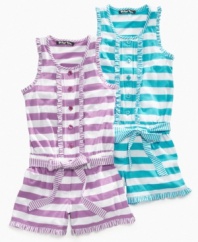 Ruffly trim on this striped romper from Planet Gold will make it the cute and comfy choice for summer style.