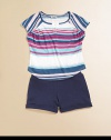 Delivering two striking pieces in one package, a vibrant striped knit is paired with wear-everywhere cuffed shorts for a playtime or dinnertime ensemble. Top Crewneck with v-insetShort cap sleevesFront buttonRound hem Short Elastic waistbandCuffed hem50% cotton/50% modalMachine washMade in USA