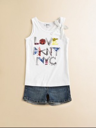 She'll heart NYC when she pulls on this soft, rocker chic top with sweet bow and silver accentsScoopneckSleevelessPullover style60% cotton/40% polyesterMachine washImported