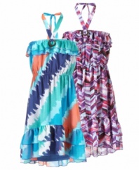 She can put a stop to dull outfits with this chic printed halter dress from Epic Threads.