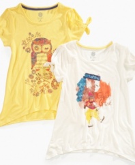 Wearable whimsy. Fun graphics on these t-shirts from Jessica Simpson are cute ways to let her stand out from the crowd.